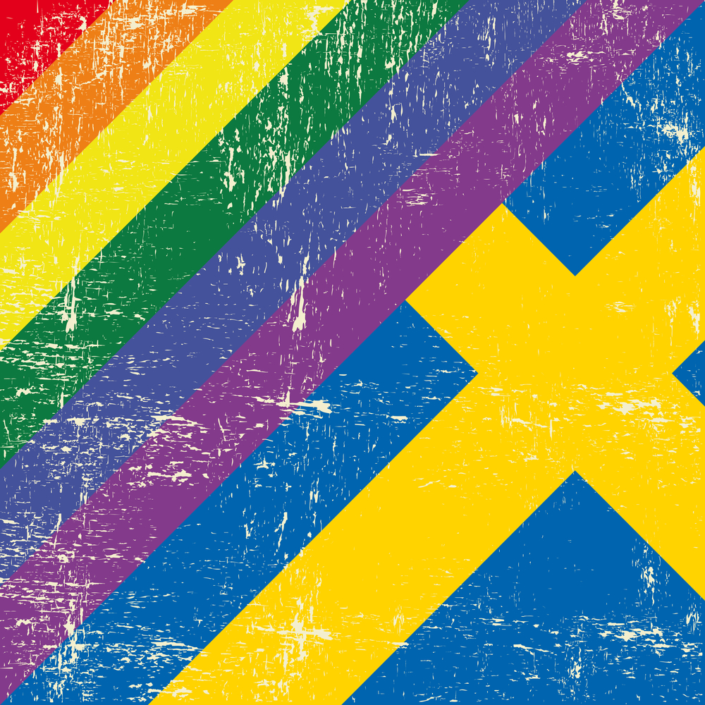 Die Regenbogen Flagge und die schwedische Flagge zusammen.