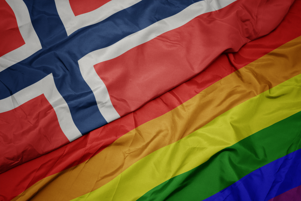 Norwegische Flagge und die Regenbohnenflagge