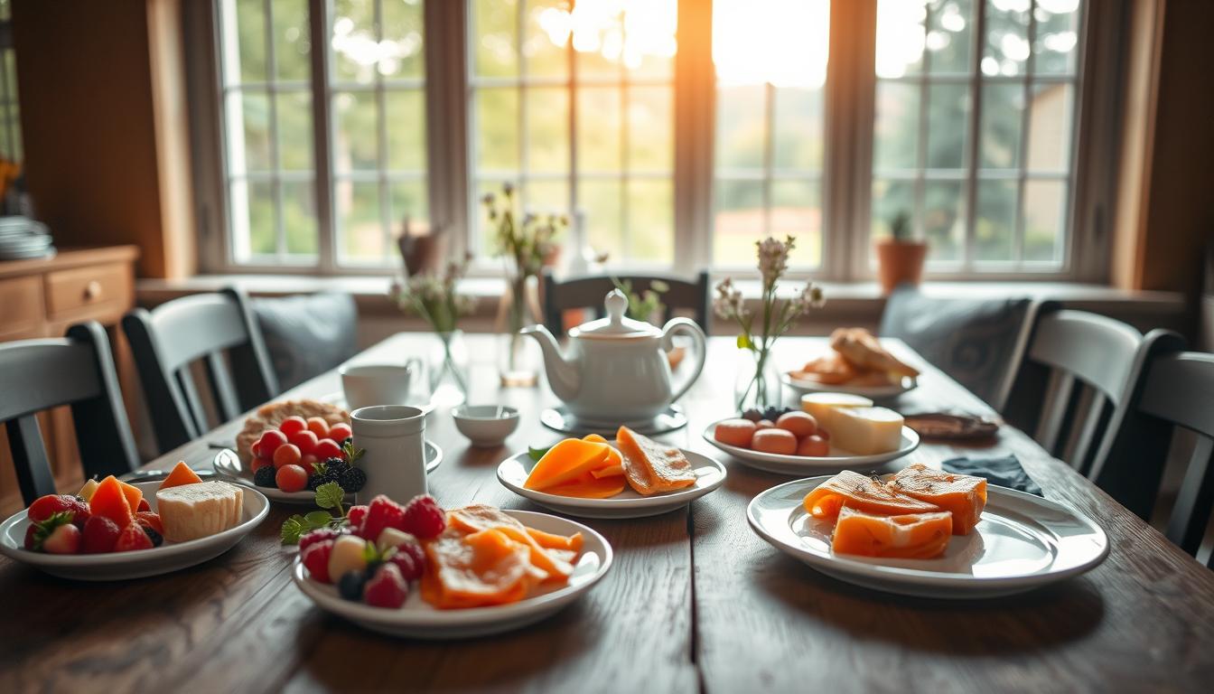 A beautifully arranged breakfast table in a cozy Swedish Bed & Breakfast set...