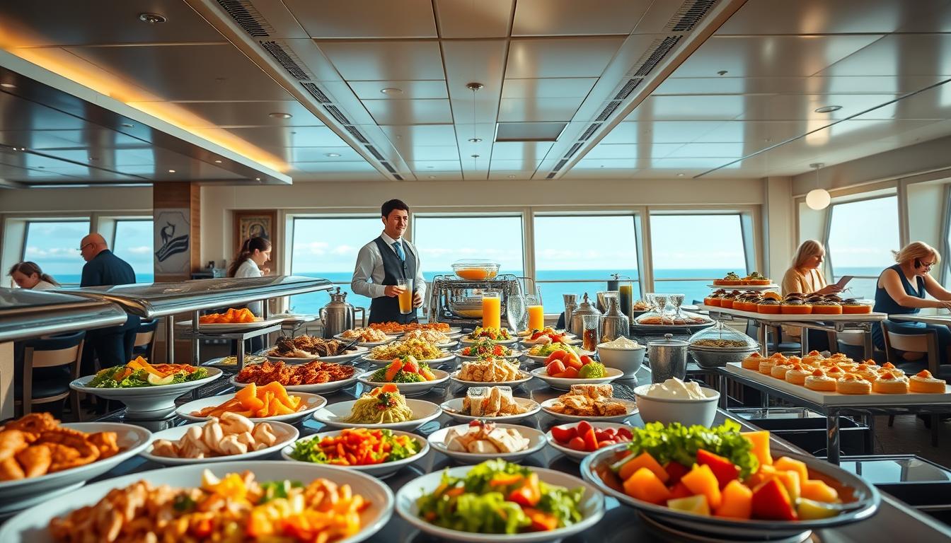 A beautifully arranged buffet table on a Stena Line ferry, showcasing a diverse selection of gourmet dishes and beverages. The foreground features an inviting spread, including fresh seafood, vibrant salads, and an assortment of desserts artistically presented on elegant platters. In the middle, attentive staff in professional attire serve guests, creating a warm and welcoming atmosphere. The background reveals a modern, spacious dining area with large windows offering scenic views of the sea under a bright, clear sky. The lighting is soft and natural, enhancing the colors of the food and the inviting ambiance. Shot on a Sony A7R IV at 70mm, with sharp focus and defined details, using a polarized filter to enhance the overall clarity and vibrancy of the scene.