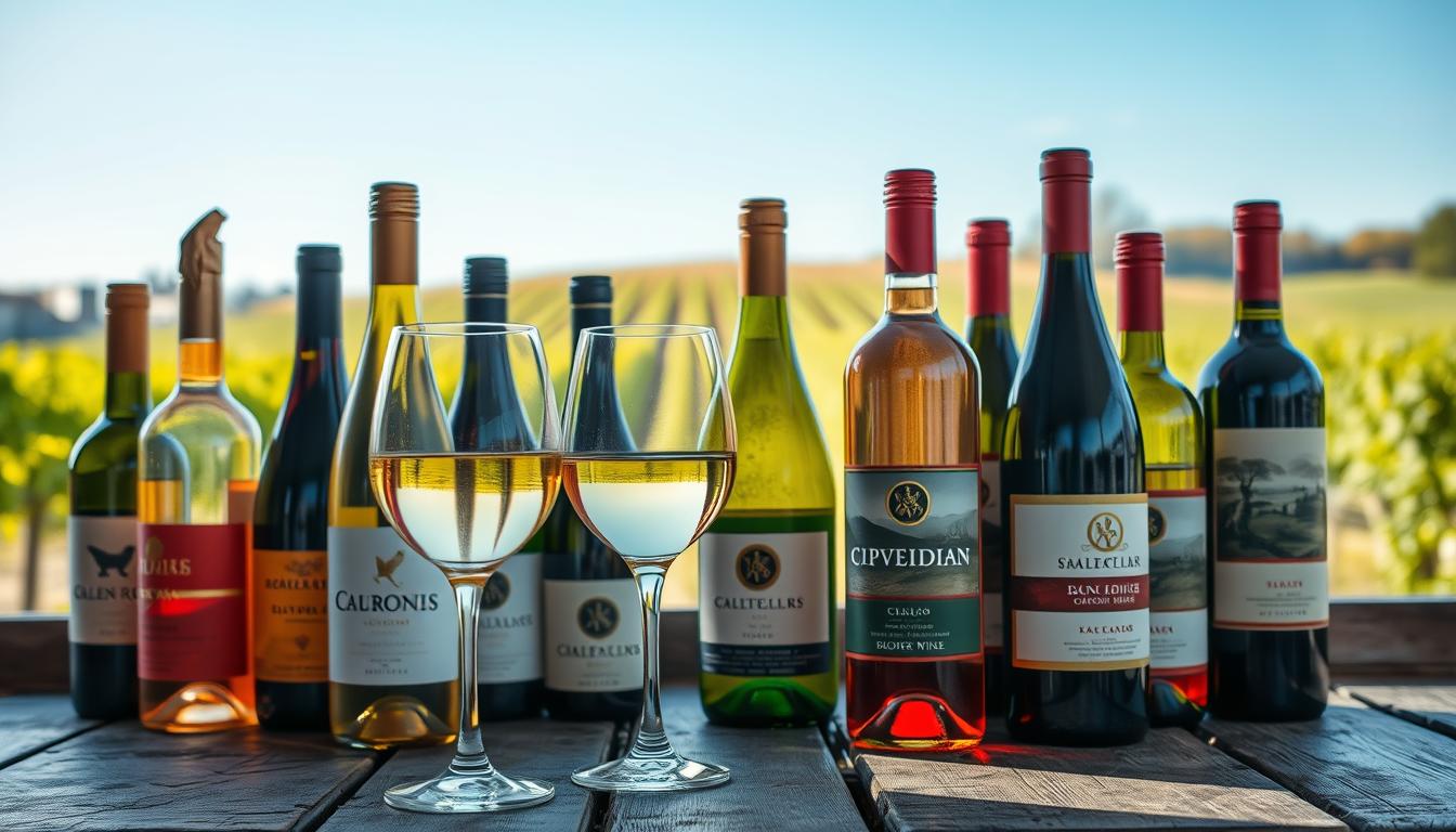 A beautifully arranged display of Swedish wines on a rustic wooden table, featuring an assortment of bottles with elegant labels showcasing distinct designs. In the foreground, a couple of wine glasses catch the light, filled with pale golden white wine and deep red hues of a classic Swedish red. The middle ground includes a softly blurred background where lush green vineyards stretch under a bright blue sky, hinting at Sweden's picturesque landscapes. The image should be well-lit, capturing the warm glow of late afternoon sunlight, enhancing the colors of the wines and creating a cozy atmosphere. Shot with a Sony A7R IV at 70mm, ensuring clear focus and sharp details, emphasized by a polarized filter to enrich color saturation and contrast.