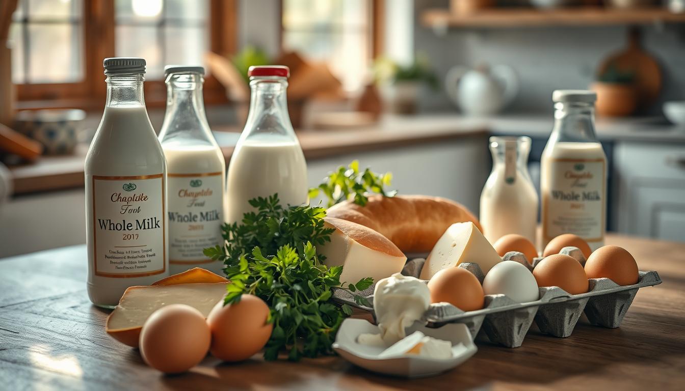 A beautifully arranged display of dairy products and eggs on a wooden kitchen table, featuring a variety of milk products like bottles of whole milk, yogurt, and fresh cheese, alongside brown and white eggs in an elegant egg carton. The foreground showcases intricate details of the textures and labels of the products, illuminated by soft, natural light streaming in from a nearby window, creating a warm and inviting atmosphere. In the middle ground, several vibrant green herbs and bread add pops of color and complement the dairy theme. The background features a softly blurred Scandinavian kitchen with rustic elements, enhancing the focus on the dairy arrangement. Shot on a Sony A7R IV at 70mm, the image is clearly focused and sharply defined, with a polarized filter to reduce glare and highlight the freshness of the products.