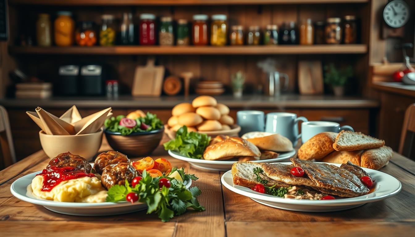 A beautifully arranged spread of traditional Swedish cuisine in a rustic kitchen setting. In the foreground, a wooden table features classic dishes like Swedish meatballs served with lingonberry sauce, creamy mashed potatoes, and pickled herring. A vibrant, colorful salad is placed beside freshly baked Knäckebröd (crispbread). The middle ground showcases a classic Swedish Fika setup with a variety of pastries like cinnamon buns and cardamom rolls, accompanied by steaming cups of coffee. In the background, warm, soft lighting illuminates wooden shelves filled with jars of preserved fruits and herbs, adding to the cozy atmosphere. The image should be shot with a Sony A7R IV at 70mm focal length, clearly focused and sharply defined, using a polarized filter to enhance color clarity. The mood is inviting and homely, showcasing the essence of Swedish culinary tradition.