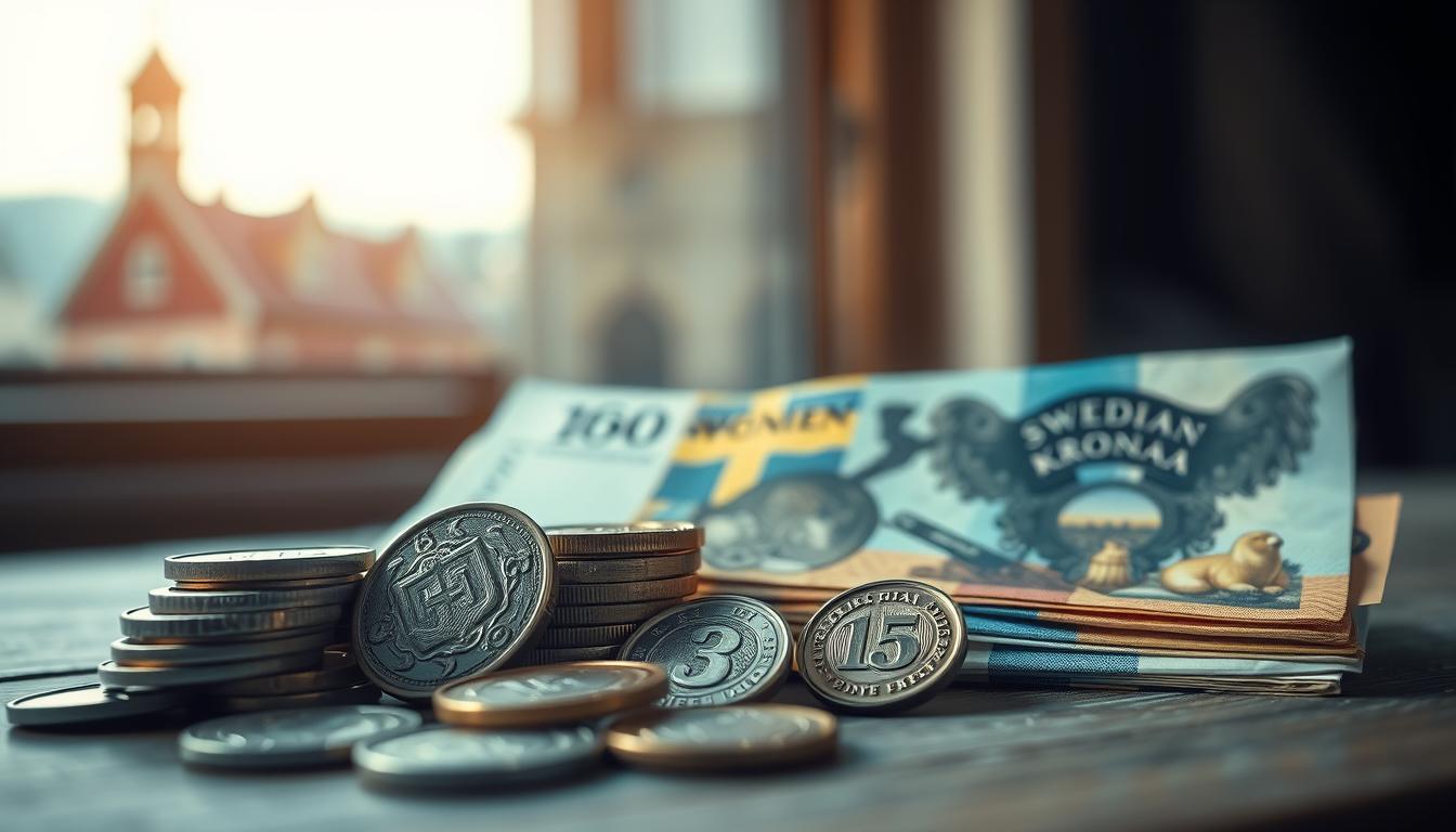 A beautifully arranged still life featuring the Swedish Krona, showcasing both c...