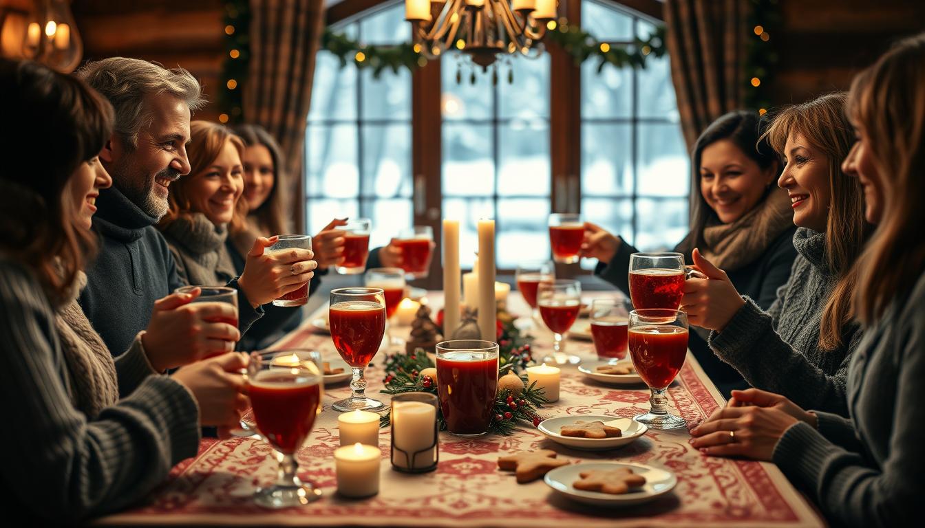 A beautifully arranged table filled with traditional Swedish festive drinks, showcasing colorful glögg in elegant glassware, with steaming mugs and small plates of gingerbread cookies nearby. In the foreground, a friendly group of people in modest casual clothing is toasting and smiling, embodying the warm atmosphere of a celebration. The middle ground features decorative elements like candles and a traditional Swedish tablecloth, adding authenticity. In the background, softly blurred winter scenery can be seen outside a cozy lodge window, suggesting a festive gathering in a snowy landscape. The image is shot with a Sony A7R IV at 70mm, employing a polarized filter for vibrant colors and clarity, capturing the joyful and inviting mood of Swedish drinking traditions during celebrations.