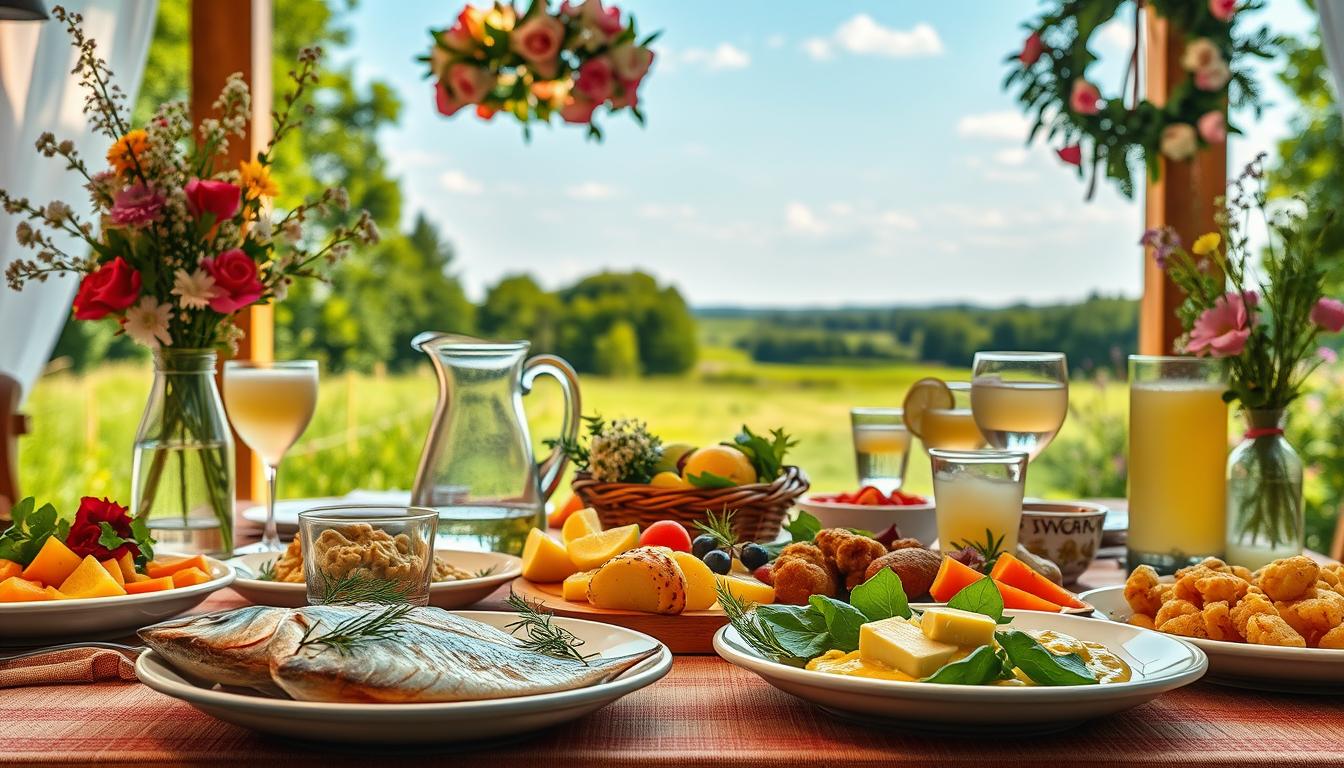 A beautifully arranged table set for a traditional Midsummer feast in Sweden. In the foreground, there's a vibrant spread of classic dishes: freshly pickled herring garnished with dill, new potatoes with butter, and creamy herb sauce, surrounded by colorful summer salads. A pitcher of refreshing elderflower drink and glasses filled with homemade lemonade are placed prominently. The middle background showcases a blossoming flower crown, symbolizing Midsummer festivities, and a decorative wreath. The serene countryside is depicted in the background, with lush greenery and wildflowers under a clear blue sky. The scene is bathed in warm, natural lighting, creating a festive atmosphere. Shot on a Sony A7R IV at 70mm, with sharp focus and a polarized filter for enhanced colors and contrast.