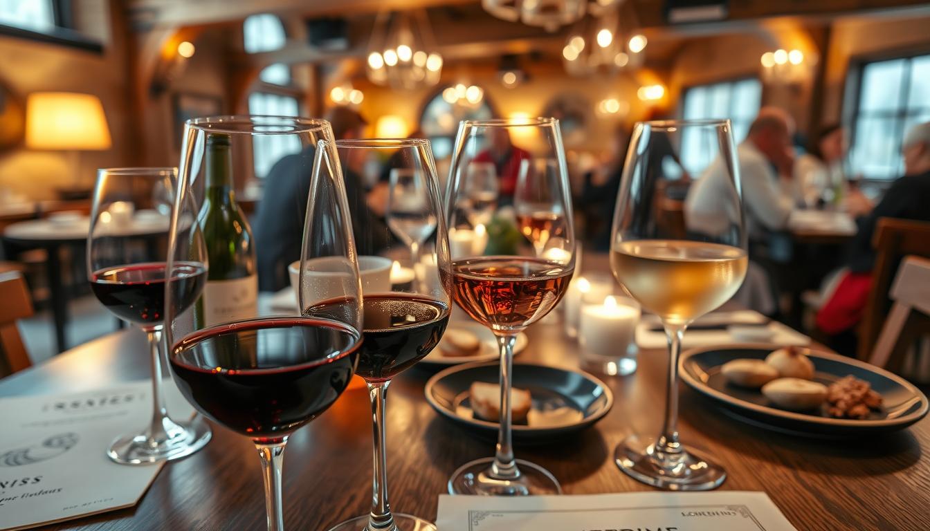 A beautifully arranged table set in a cozy Swedish restaurant, showcasing various alcoholic beverages like craft beers, wines, and traditional aquavit. In the foreground, a close-up of elegant wine glasses filled with deep red and crisp white wine, glistening in soft, warm lighting. In the middle ground, a wooden table adorned with artisanal drink menus and small plates of Swedish appetizers. In the background, the restaurant ambiance features rustic wooden beams, ambient candlelight, and clients in professional attire savoring their drinks while engaged in lively conversation. Shot on a Sony A7R IV with a 70mm lens, ensuring a sharply defined focus on the beverages, enhanced by a polarized filter to capture the clarity and vibrancy of the colors, creating an inviting and convivial atmosphere.