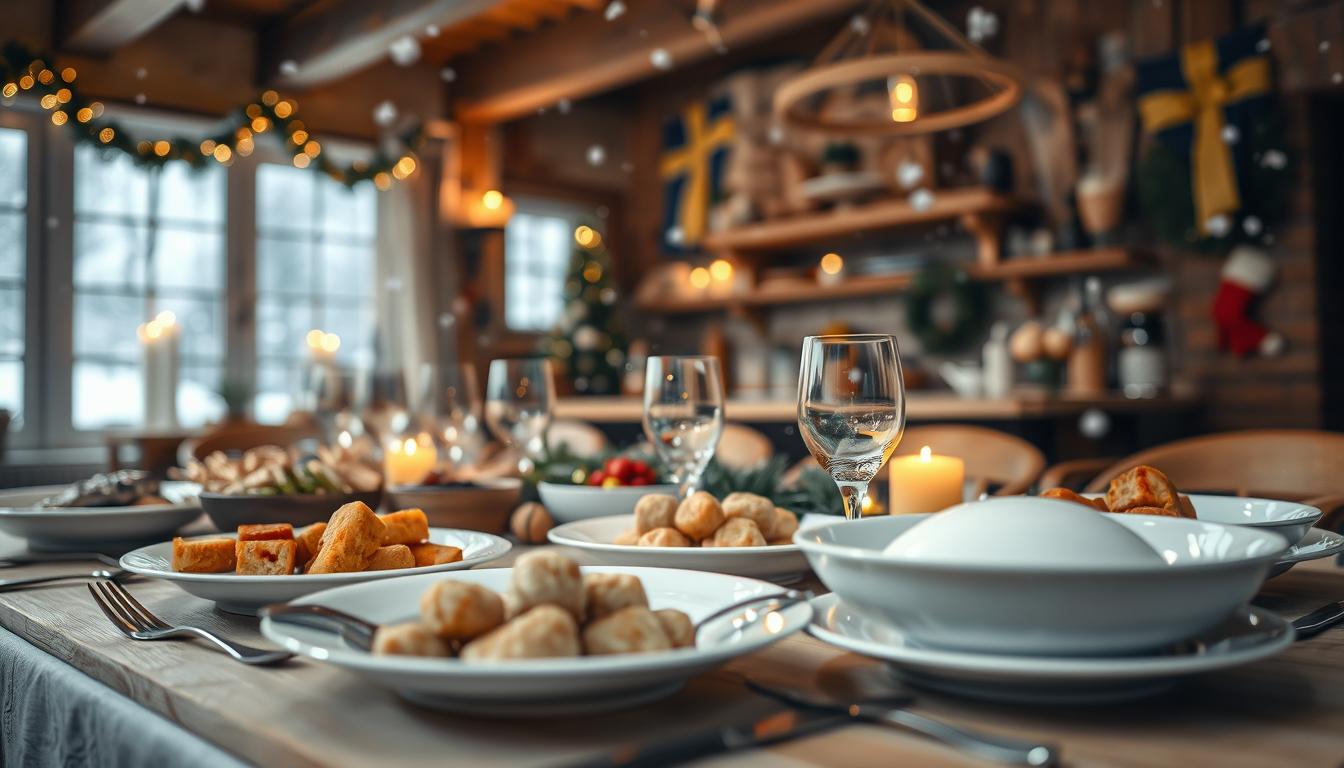 A beautifully set table adorned with traditional Swedish New Year's Eve dishes, such as herring, meatballs, and Janssons frestelse, in the foreground. Delicate plates and cutlery glisten under soft, warm lighting, creating an inviting and festive atmosphere. In the middle background, a cozy, rustic kitchen with wooden beams and festive decorations, including candles and Swedish flags, enhances the holiday spirit. Snow softly falls outside the window, adding to the charm. The scene is captured with a Sony A7R IV at 70mm, showcasing vivid colors and sharp details, highlighted through a polarized filter. The image conveys warmth, tradition, and a sense of community, perfect for celebrating a traditional Swedish New Year's Eve meal.