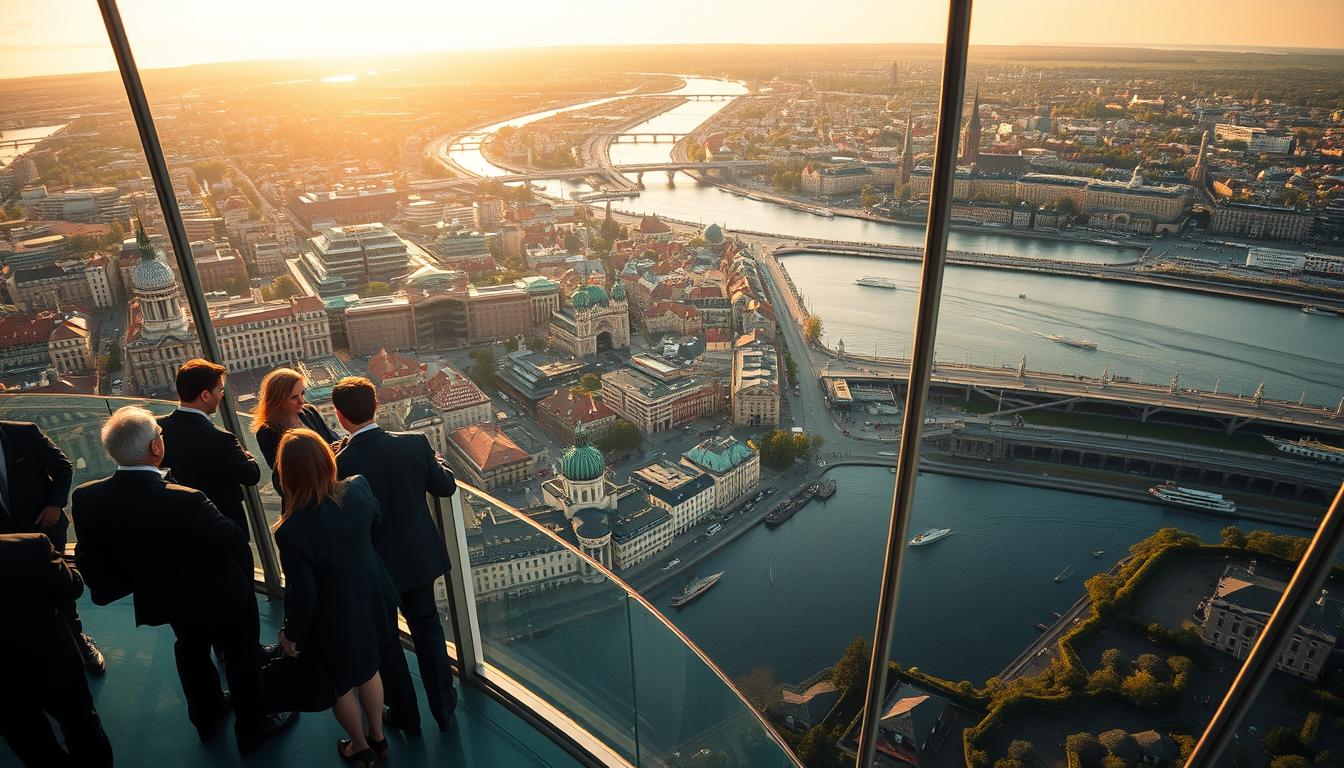 A breathtaking aerial view of Stockholm from the Skyview at the Ericsson Globe, showcasing a panoramic skyline filled with iconic landmarks like Gamla Stan and the waterfront. In the foreground, the transparent viewing platform of the Skyview captures people in professional business attire, enjoying the stunning vista. The middle ground features a vibrant cityscape with modern buildings and historical architecture bathed in soft golden hour light, casting long shadows and enhancing the textures. The background reveals a serene bay with boats gently bobbing in the water, framed by lush greenery. Shot on a Sony A7R IV at 70mm, the image is clearly focused with sharply defined details, complemented by a polarized filter that enriches the colors and contrasts, creating a tranquil yet awe-inspiring mood.