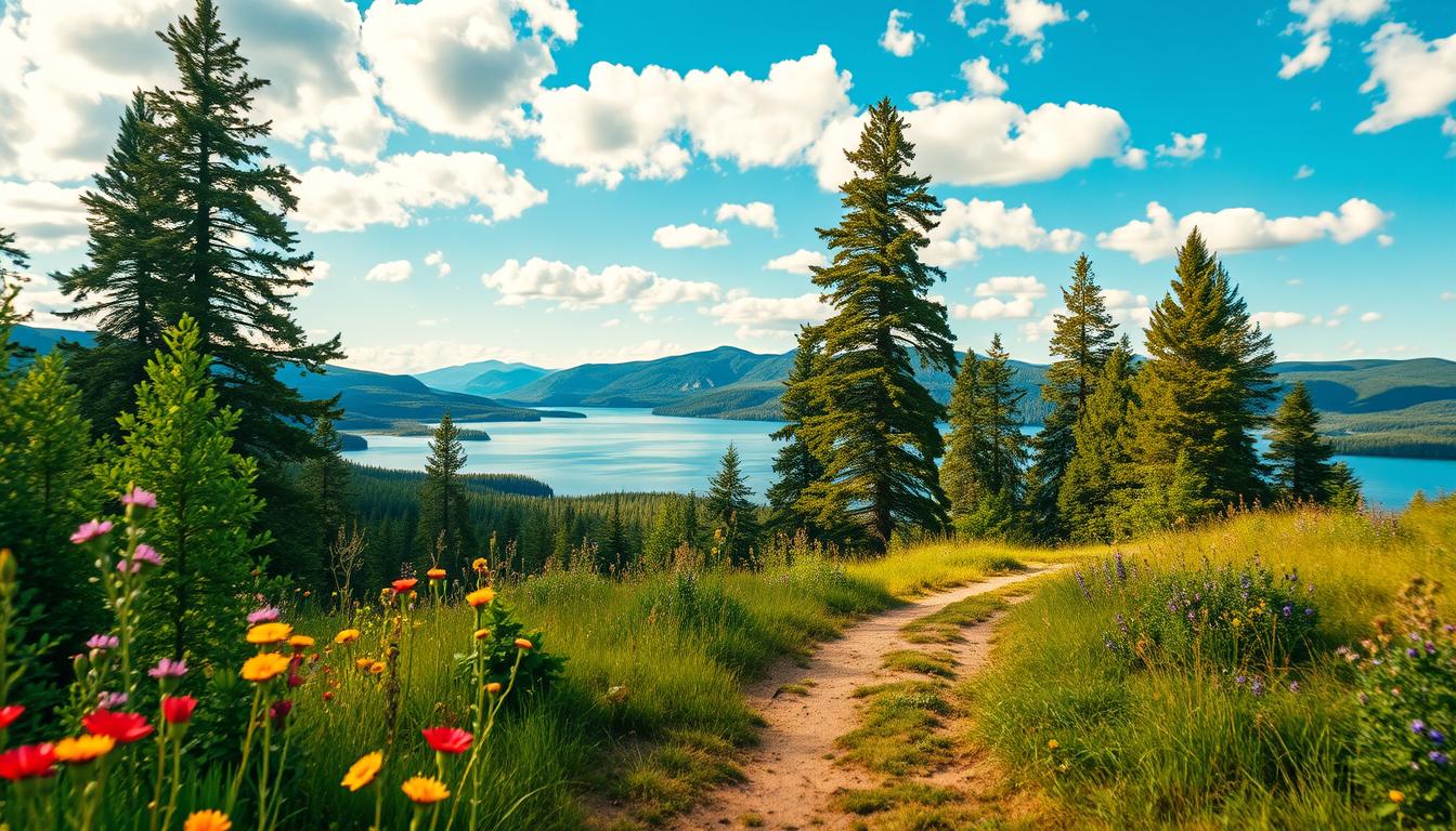A breathtaking landscape of Sweden featuring lush green forests, tranquil lakes, and rolling hills. In the foreground, vibrant wildflowers bloom along a dirt path that meanders toward the viewer. The middle ground showcases a serene lake reflecting the sky, surrounded by tall, majestic pine trees. In the background, the iconic silhouette of Swedish mountains rises against a bright blue sky, scattered with fluffy white clouds. The scene is bathed in warm golden sunlight, creating a peaceful and inviting atmosphere. Shot with a Sony A7R IV at 70mm, the image is sharply defined, with a polarized filter enhancing the colors and details. The composition captures the essence of Sweden's natural beauty, inviting the viewer to explore the landscape.