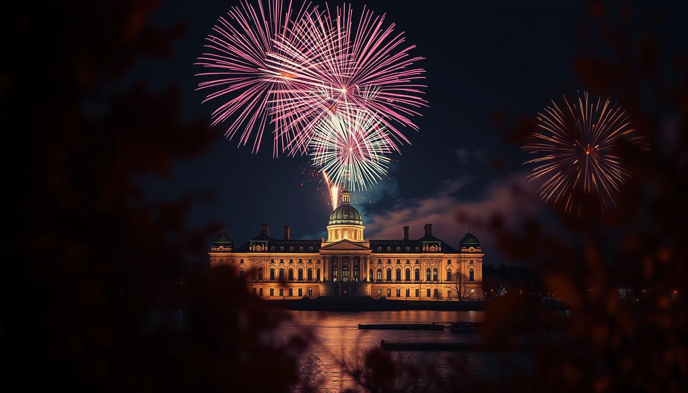 A breathtaking scene of fireworks exploding over the Royal Palace in Stockholm, with colorful bursts illuminating the night sky. In the foreground, soft silhouettes of trees frame the palace, while the architectural details of the Royal Palace are sharply defined, showcasing its grandeur. In the middle ground, the vibrant fireworks reflect off the nearby waters, adding dynamic visual interest. The background features a dark, starry sky, enhancing the festive atmosphere. The composition is shot with a Sony A7R IV at 70mm, clearly focused with a polarized filter, resulting in vivid colors and sharp contrasts. The mood is celebratory and magical, capturing the essence of New Year's Eve in Sweden.
