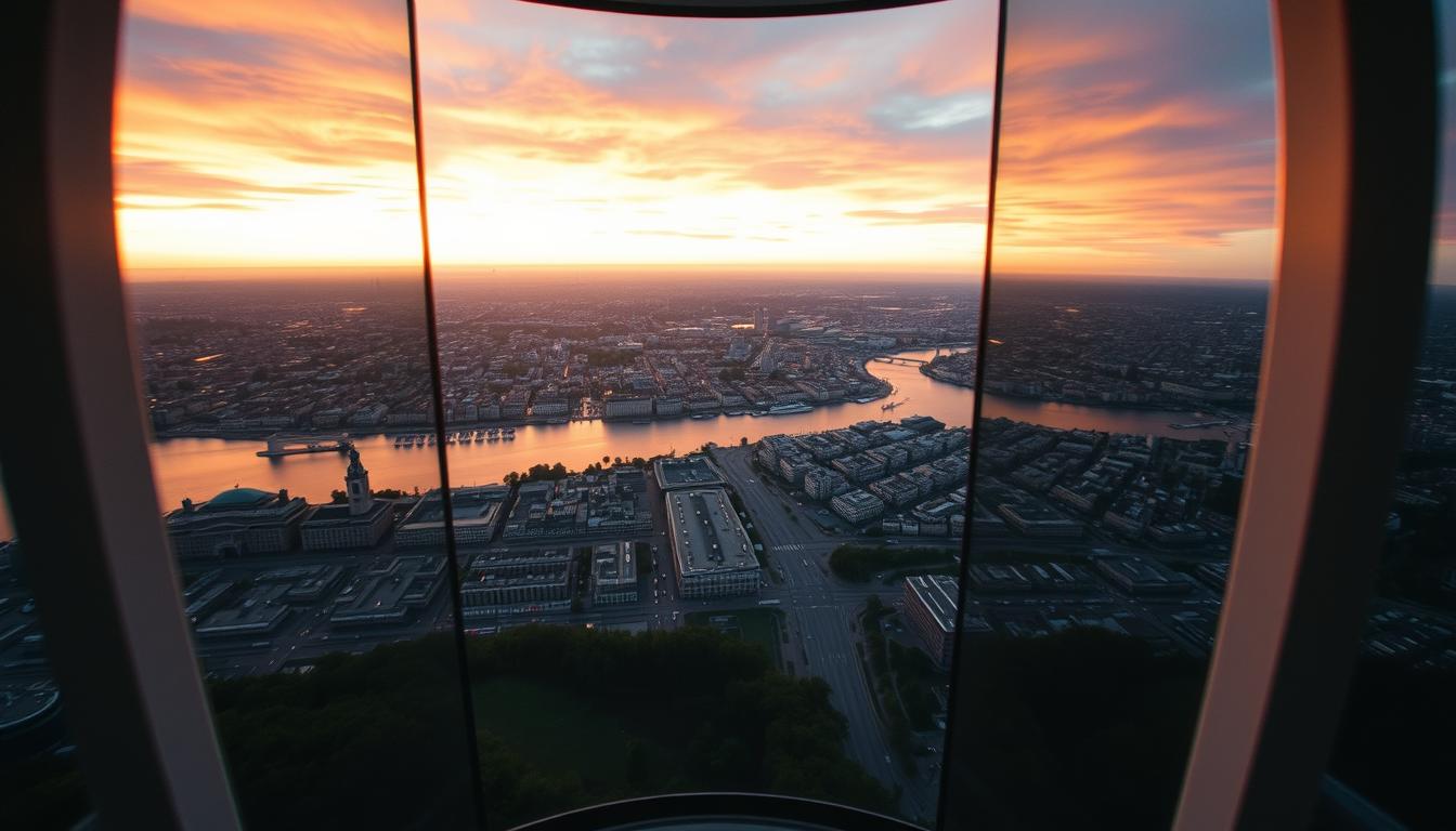 A breathtaking view from the Skyview lift at the Ericsson Globe in Stockholm, featuring an expansive cityscape below. In the foreground, the transparent glass elevator can be seen ascending against the backdrop of the skyline. In the middle ground, iconic Stockholm buildings and waterways stretch across the scene, with hints of greenery peeking through. The background showcases a vivid sky at sunset, painted in warm hues of orange, pink, and purple, casting reflections on the glass surfaces for a dramatic effect. Shot on a Sony A7R IV with a 70mm lens, the image is sharply defined with clear focus, enhanced by a polarized filter to emphasize the colors and contrast. The mood is one of wonder and adventure, inviting viewers to experience this unique lift ride.
