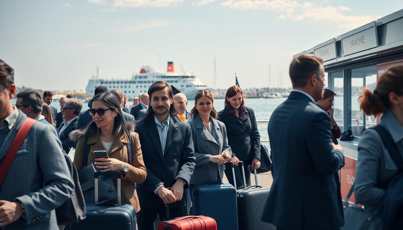 A bustling check-in process at the Harbor of Kiel, showcasing travelers in professional business attire at the ferry terminal. In the foreground, passengers are waiting in line with their luggage, displaying a mix of anticipation and excitement. The middle ground features the ferry check-in counters, staffed by friendly personnel aiding travelers with warm smiles. In the background, the picturesque harbor is visible, with ferries and sailboats dotting the water under a clear blue sky. The scene is captured with a Sony A7R IV at 70mm, using a polarized filter to enhance colors and reduce glare. The lighting is bright and inviting, conveying a cheerful atmosphere in this maritime setting.