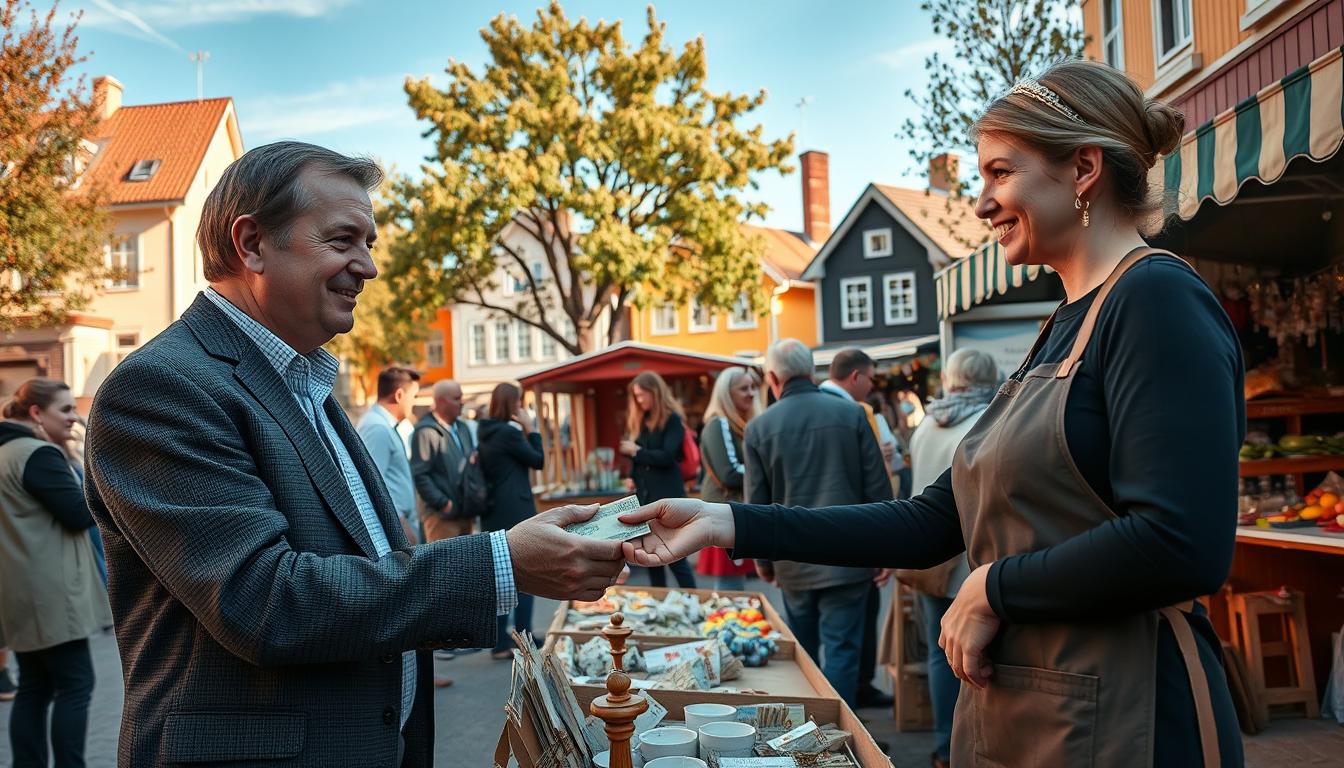 A bustling street scene in Sweden, showcasing various people engaged in cash tra...