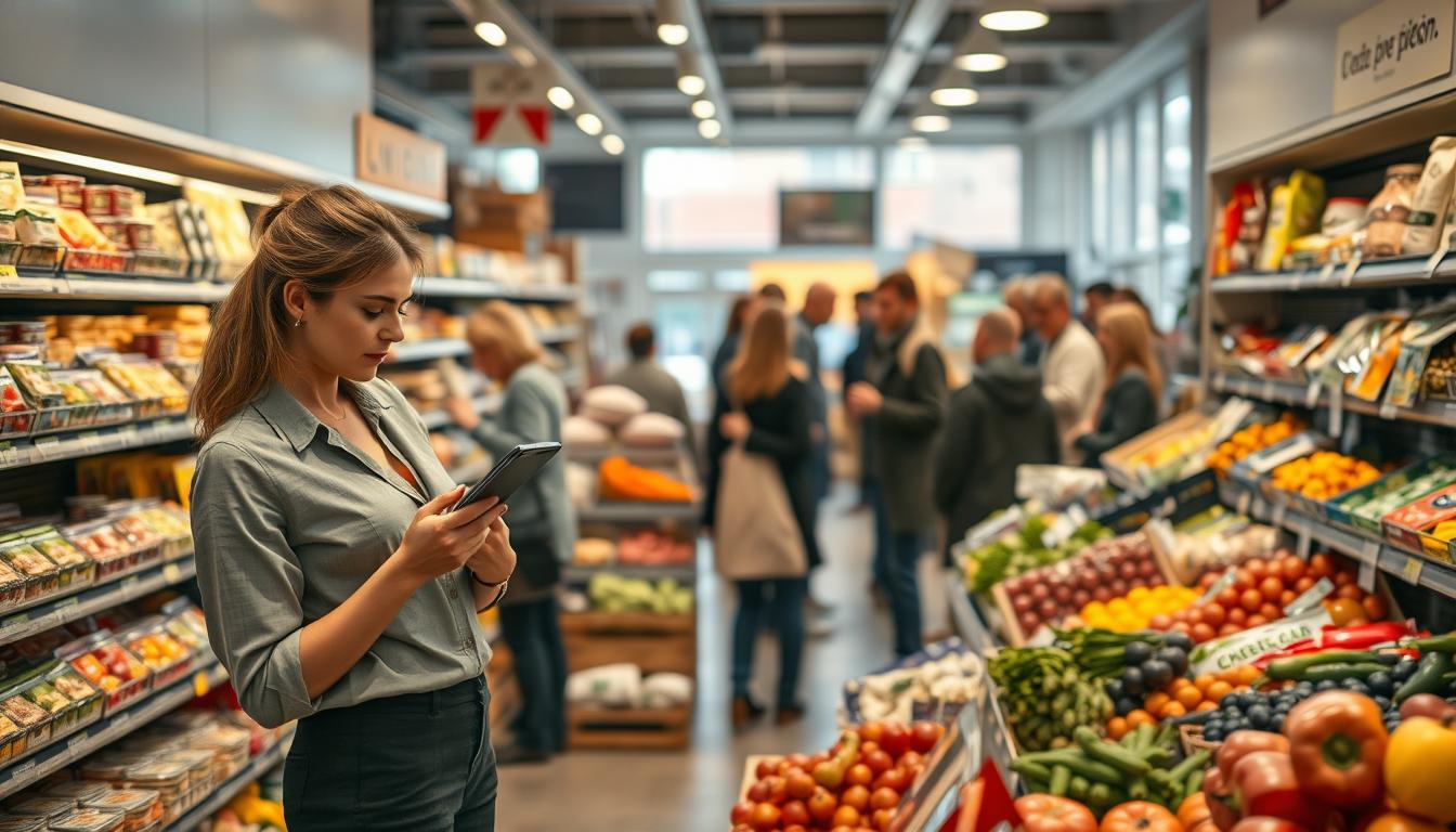 A busy Swedish grocery store scene showcasing a diverse range of food items and colorful produce. In the foreground, a woman in casual yet professional clothing examines prices on product labels, displaying curiosity. In the middle, neatly arranged shelves are stocked with various local and organic food products, highlighting the distinctiveness of Swedish cuisine. The background reveals more shoppers engaged in conversations and comparing prices, capturing a lively atmosphere. The lighting is soft and natural, simulating daylight filtering through large windows, with a warm tone enhancing the inviting feel of the store. This image is shot with a Sony A7R IV at 70mm, ensuring sharp focus on the subjects and vividly defined details, layered to evoke a sense of community and everyday life in Sweden.