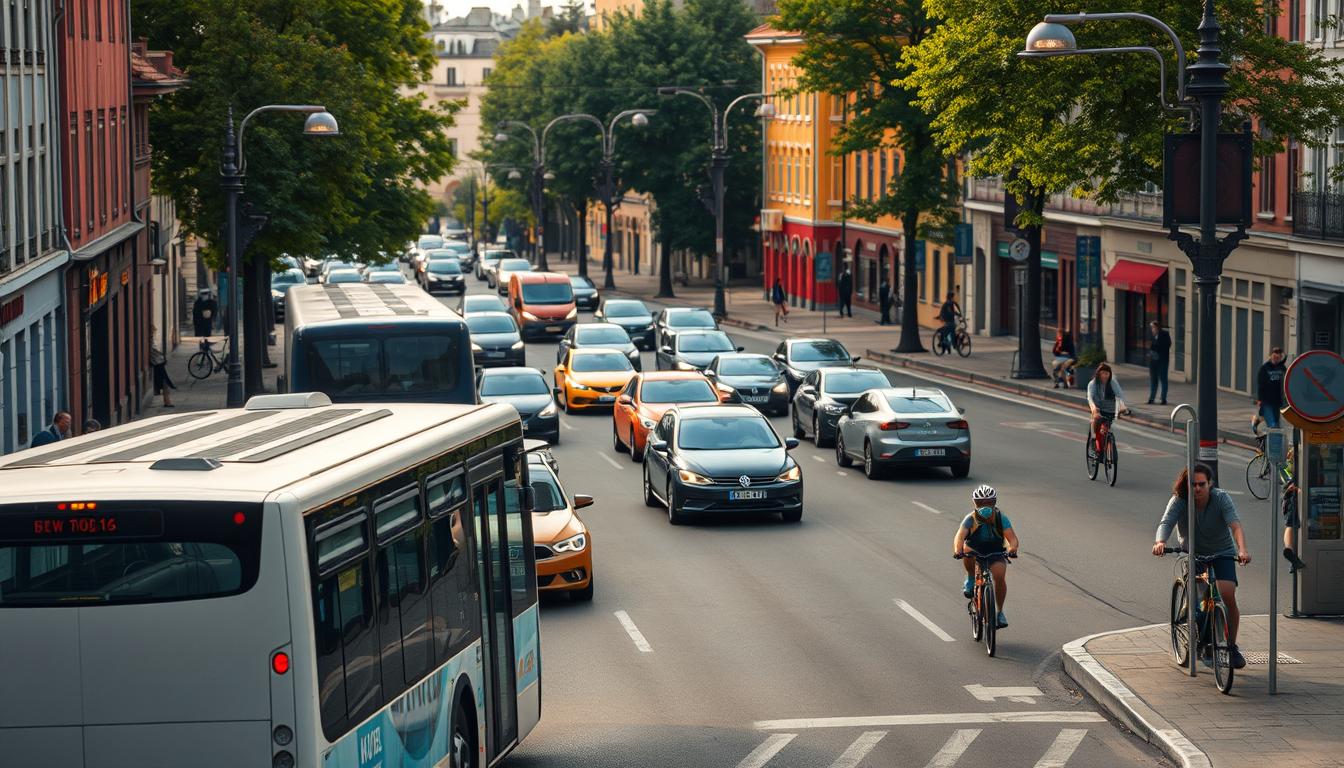 A busy Swedish street scene showcasing frequent traffic, featuring a mix of cars, buses, and bicycles. In the foreground, a modern public bus is stopped at a bus stop, with a few commuters waiting, dressed in smart casual clothing. The middle ground displays a variety of vehicles, including electric cars and cyclists navigating bike lanes. The background captures picturesque Swedish architecture with colorful façades and trees lining the street. The scene is bathed in soft afternoon light, creating a warm and inviting atmosphere. The angle should be slightly elevated, capturing depth in the bustling street while maintaining clarity, shot with a Sony A7R IV at 70mm with a polarized filter for vivid colors and sharp definition.