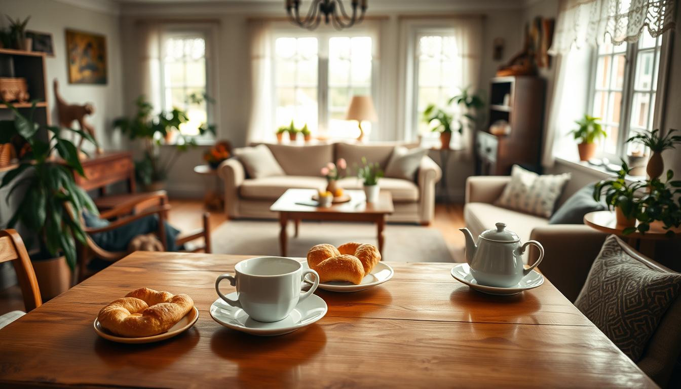 A charming Swedish bed and breakfast interior featuring hospitable hosts serving...
