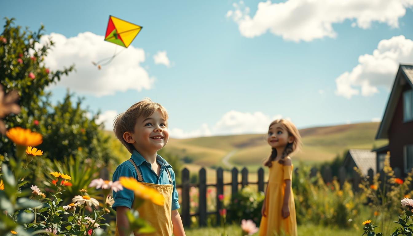 A charming outdoor scene featuring Pippi Langstrumpf's friends, Tommy and Annika, set in a lush, vibrant garden. In the foreground, capture Tommy with short, tousled hair and a blue shirt, smiling as he plays with a colorful kite. Beside him, Annika, with braids and a yellow dress, is joyfully watching the kite soar above. In the middle ground, show blooming flowers and a wooden fence that hints at a whimsical home. The background should feature soft, rolling hills under a bright blue sky, with fluffy white clouds drifting lazily. The lighting is soft and warm, creating a cheerful, inviting atmosphere. Shot on a Sony A7R IV at 70mm, ensure the image is sharply defined and focused, using a polarized filter to enrich the colors.