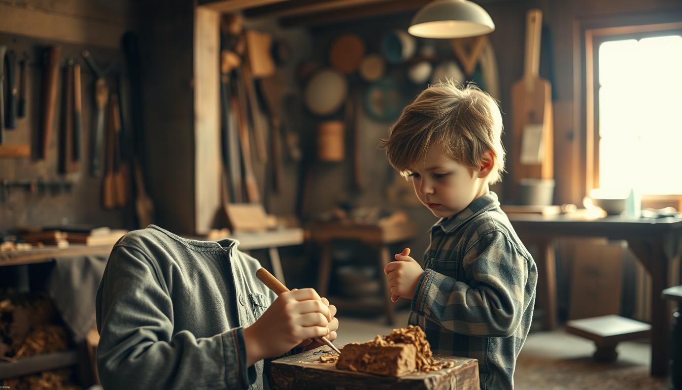 A charming scene in the workshop of Michel from Lönneberga, portraying the tradi...