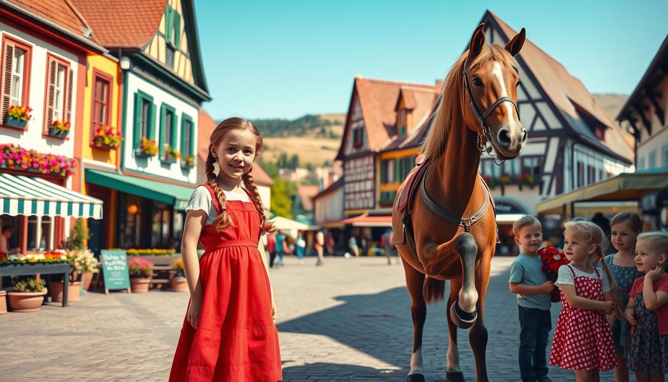 A charming scene set in a vibrant German town square, showcasing Pippi Longstocking, a spirited girl with braids and a bright red dress, joyfully interacting with local children. In the foreground, Pippi stands confidently, playfully holding her iconic horse, while the children look on with admiration. The middle ground features traditional German-style buildings with colorful facades, flower pots, and bustling market stalls. The background includes gentle hills under a clear blue sky, suggesting a peaceful afternoon. The lighting is warm and inviting, captured in crisp detail as if shot on a Sony A7R IV with a 70mm lens and a polarized filter, enhancing colors and contrast. The mood is joyful and lively, reflecting Pippi's incredible success and charm in Germany.