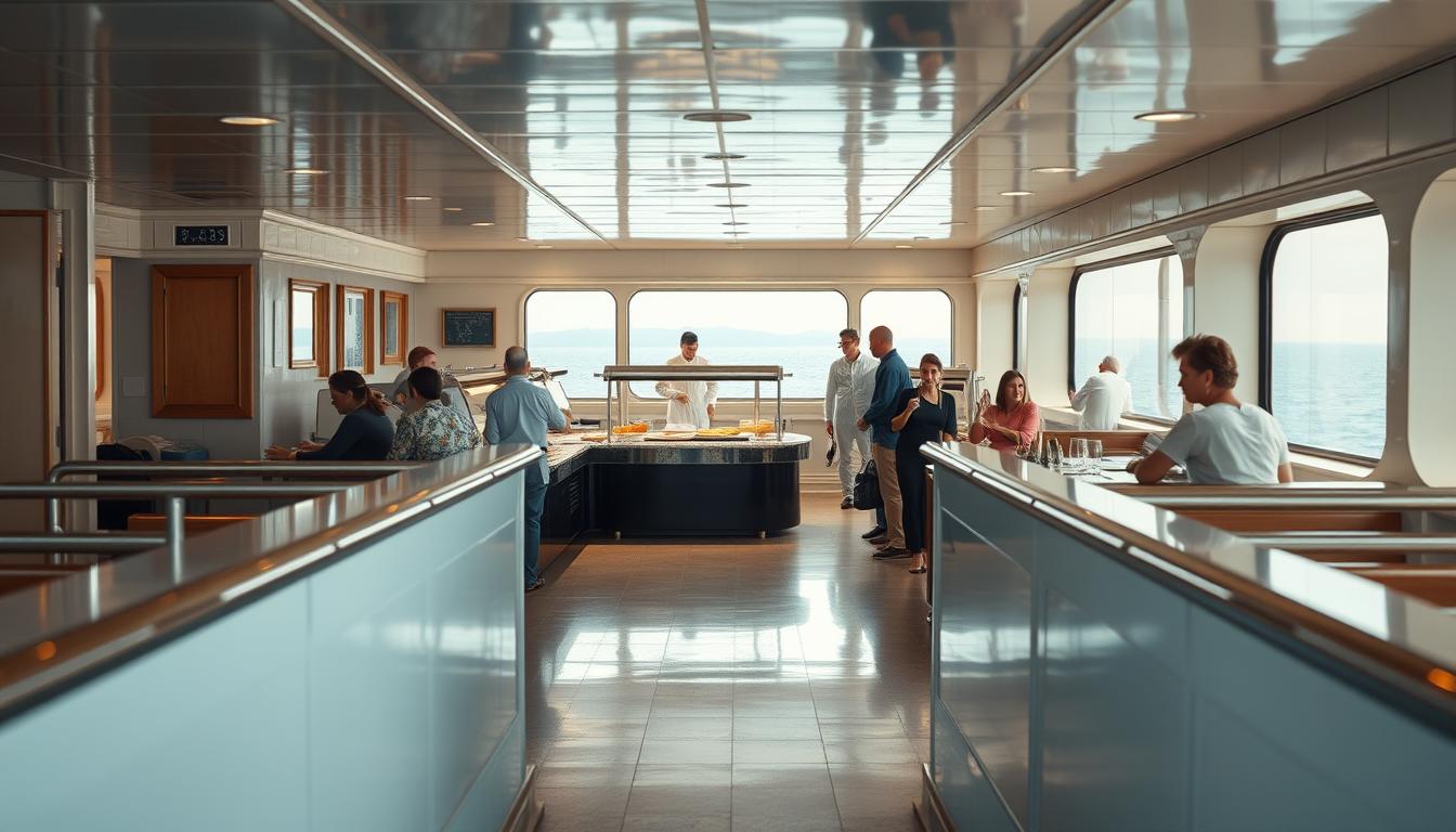 A clean, well-organized ferry interior showcasing hygiene standards, with gleaming surfaces and polished stainless steel railings in the foreground. In the middle, diners enjoy a spacious buffet area featuring neatly arranged food displays and attentive staff in professional attire ensuring cleanliness. The background reveals large windows with a view of the sea, bathed in soft, natural light, illuminating the pristine environment. The atmosphere is calm and inviting, emphasizing a sense of safety and comfort for passengers. Captured with a Sony A7R IV at 70mm, the image features crisp focus and sharp details, enhanced by a polarized filter to make the colors vibrant and the scene visually engaging.