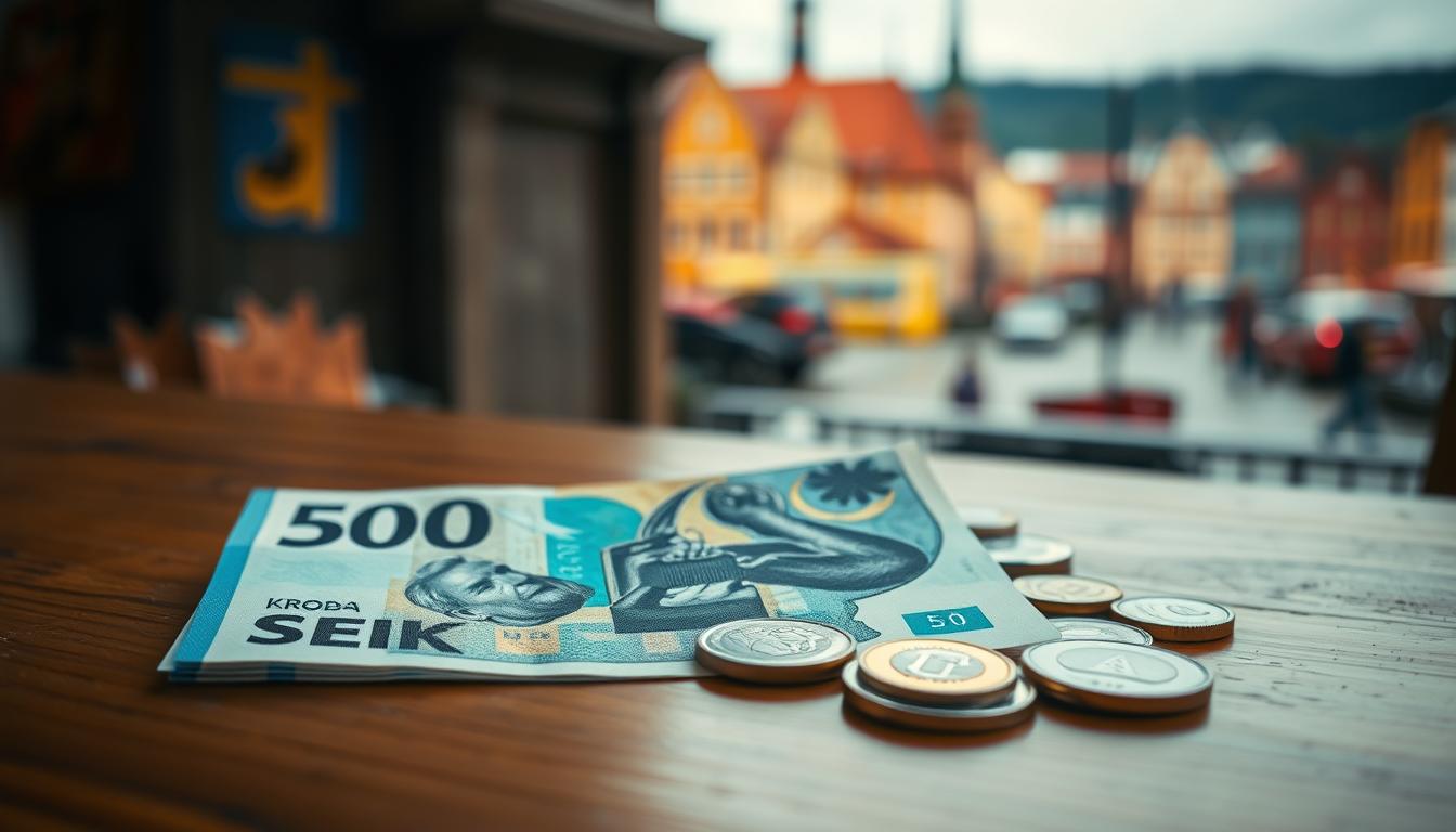 A collection of Swedish Krona (SEK) banknotes and coins artfully arranged on a w...