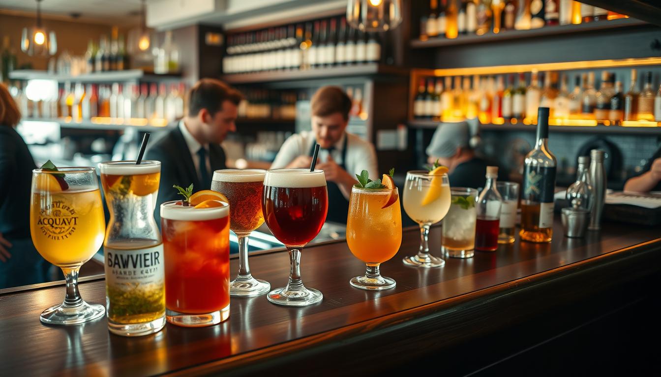 A cozy Swedish bar scene showcasing a variety of alcoholic beverages prominently displayed on a polished wooden bar. In the foreground, a selection of colorful drinks in elegant glasses, including craft beers, cocktails with fresh fruits, and a bottle of Swedish aquavit. In the middle ground, bartenders in neat casual clothing are mixing drinks, engaging with customers at the bar, creating a warm and inviting atmosphere. The background features shelves filled with various bottles, softly illuminated by warm, ambient lighting. The image is captured from a slight overhead angle to emphasize the drinks and the bar's atmosphere, shot on a Sony A7R IV at 70mm with a polarized filter for vibrant colors and sharp details. The mood is lively yet relaxed, perfect for showcasing Sweden's beverage culture.