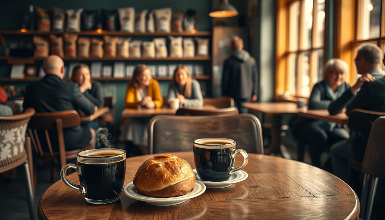 A cozy Swedish café scene showcasing the country's coffee culture. In the foreground, a beautifully arranged table featuring traditional coffee cups filled with dark, steaming coffee, accompanied by a plate of kanelbullar (cinnamon rolls). The middle ground includes patrons seated at rustic wooden tables, some engaged in warm conversation, while others enjoy their drinks alone, with soft smiles on their faces. In the background, shelves filled with an array of pastries and grounded coffee bags are illuminated by warm, natural light filtering through large windows. The atmosphere is inviting and relaxed, evoking a sense of community and comfort typical of Swedish fika. Shot on a Sony A7R IV at 70mm, with a polarized filter for vibrant colors and sharp focus.