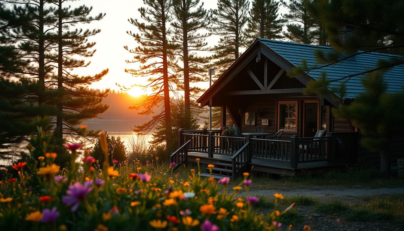 A cozy Swedish holiday house nestled among lush green pine trees, situated by a tranquil lake. In the foreground, colorful wildflowers bloom, enhancing the serene atmosphere. The midground features a charming wooden deck with outdoor furniture, inviting relaxation. The background showcases a soft sunset, casting warm golden hues over the landscape, and reflecting gently on the water's surface. The image is captured with a Sony A7R IV at 70mm, sharply defined and clear, emphasizing the details of the house's rustic architecture and the natural surroundings. The lighting is warm and inviting, creating a peaceful, idyllic mood perfect for a summer getaway. No humans are present, ensuring the focus remains solely on the beautiful setting.