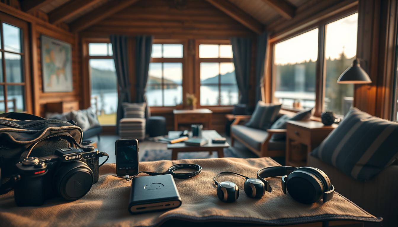 A cozy Swedish vacation cabin interior, featuring essential technical equipment for travelers. In the foreground, a well-organized packing area displays a high-quality camera, portable power bank, compact drone, and a set of noise-canceling headphones. The middle ground reveals a warm, inviting cabin ambiance with wooden furniture, a map of Sweden on the wall, and a charging station. In the background, large windows showcase a breathtaking Scandinavian landscape with lush forests and a serene lake under soft, natural lighting. The mood is relaxed and adventurous, ideal for a holiday getaway. Shot with a Sony A7R IV at 70mm, with a polarized filter, capturing sharp detail and vibrant colors.