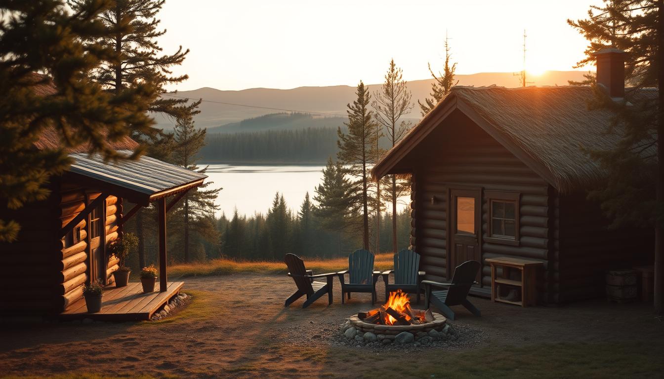 A cozy cabin in the lush Swedish countryside, surrounded by dense pine forests a...