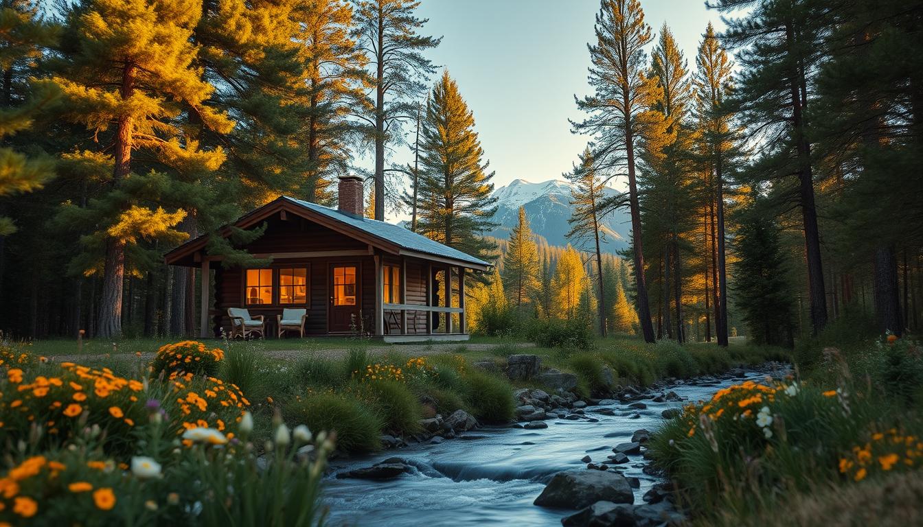 A cozy cabin nestled in the lush Swedish forest, surrounded by tall pine trees and vibrant wildflowers. In the foreground, a wooden porch with comfortable seating invites relaxation, while a warm glow emanates from the cabin windows, suggesting a cozy fire inside. The middle ground features a gently flowing stream, adding a sense of tranquility, and perhaps a few birds gracefully flying by. In the background, distant snow-capped mountains create a stunning contrast against a clear blue sky. The lighting is soft and golden, reminiscent of a serene sunset, enhancing the peaceful atmosphere. The shot is captured with a Sony A7R IV at 70mm, ensuring a sharply defined focus on the cabin while softly blurring the background.