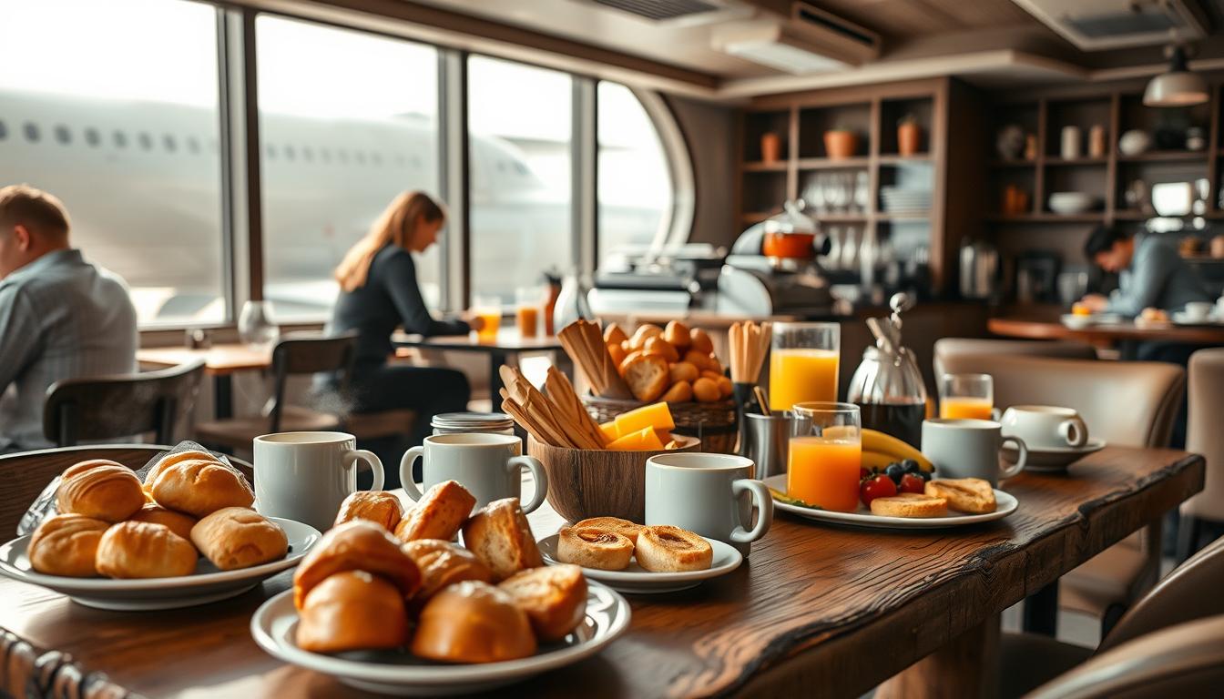 A cozy café setting inside the refurbished Jumbo Stay hotel, featuring a bountif...