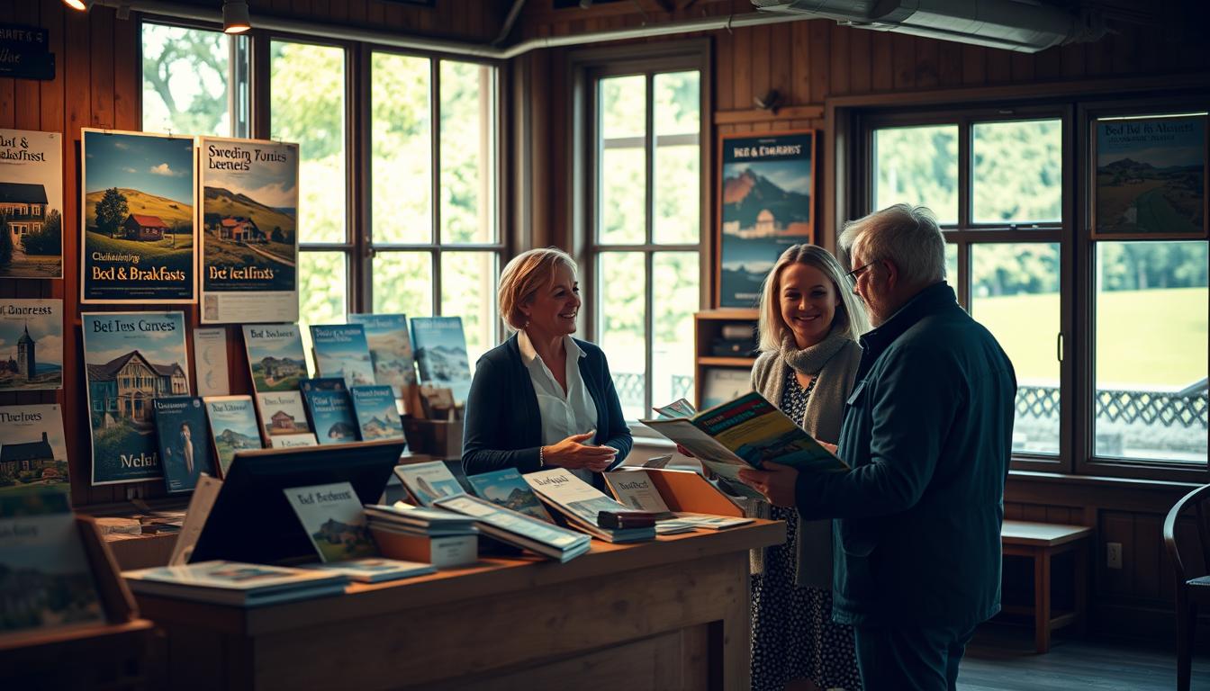 A cozy interior of a Swedish tourist office, featuring a welcoming wooden recept...