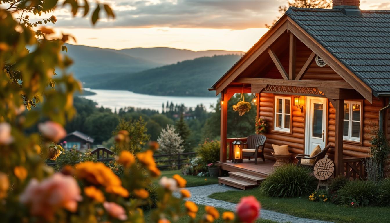 A cozy, inviting Bed & Breakfast setting in Sweden during golden hour, showc...