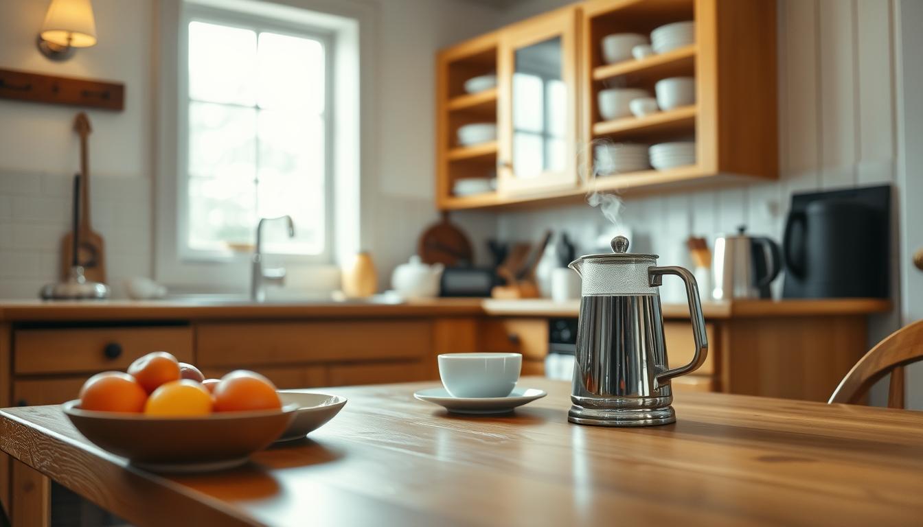 A cozy kitchen setup in a Swedish vacation house, focusing on essential kitchen equipment. The foreground features a wooden dining table set for breakfast, with a fruit bowl and a steaming coffee pot. In the middle, bright kitchen cabinets hold neatly organized dishes, utensils, and cookware. A window in the background lets in natural light, creating a warm, inviting atmosphere. The scene is enhanced by soft morning light, emphasizing the textures of the wooden surfaces and the colorful kitchenware. Shot with a Sony A7R IV at 70mm, the image is sharply defined and clearly focused, utilizing a polarized filter to enhance clarity and vibrance. The overall mood is relaxed and homely, perfect for a holiday getaway.