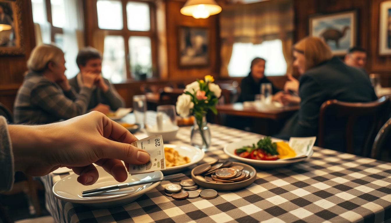A cozy restaurant scene set in Sweden, featuring a neatly set table with a check...
