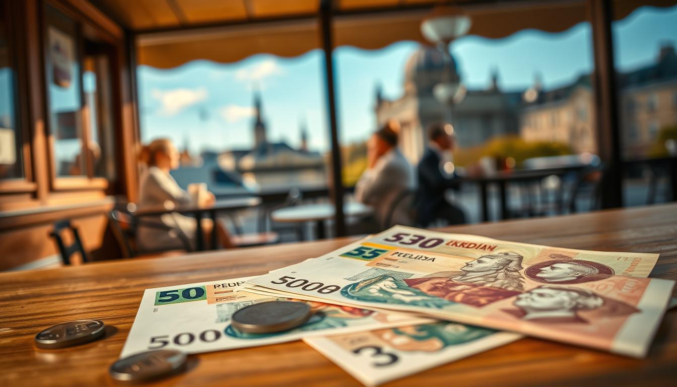 A detailed close-up of the official currency of Sweden, the Swedish Krona (SEK),...