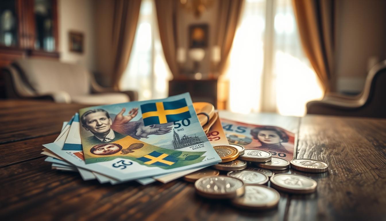 A detailed display of current Swedish banknotes and coins, arranged artistically...