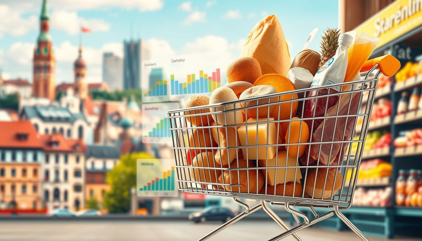 A detailed illustration of the grocery costs in various cities of Sweden, featuring a split layout that showcases a vibrant cityscape background representing Stockholm, Gothenburg, and Malmö. In the foreground, depict a large, colorful grocery cart overflowing with common Swedish foods like bread, cheese, and meat, highlighting the prices listed in a visually engaging manner. The middle ground should include stylized charts or graphs seamlessly integrated into the scene to represent the cost comparisons between cities. The lighting should be bright and inviting, evoking a sense of everyday shopping activity, shot with a Sony A7R IV at 70mm, ensuring clarity and sharp focus with a polarized filter effect to enhance colors and details. The mood should be informative yet friendly, engaging readers while presenting essential data clearly.