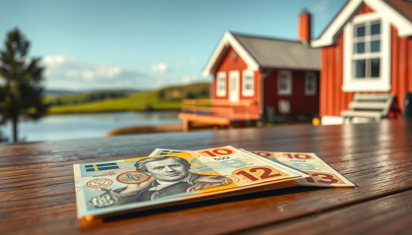 A detailed image of the Swedish Krona, the currency of Sweden, prominently displ...