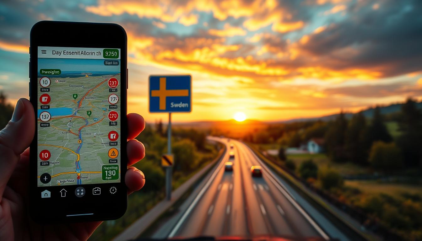 A detailed map of Sweden displaying essential traffic information, featuring var...