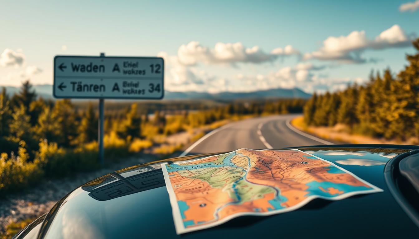 A detailed roadside scene of Swedish navigation, showcasing an open, winding roa...