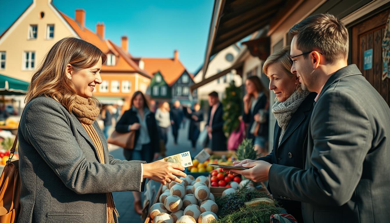 A detailed view of a Swedish cash transaction scene, capturing the essence of ca...