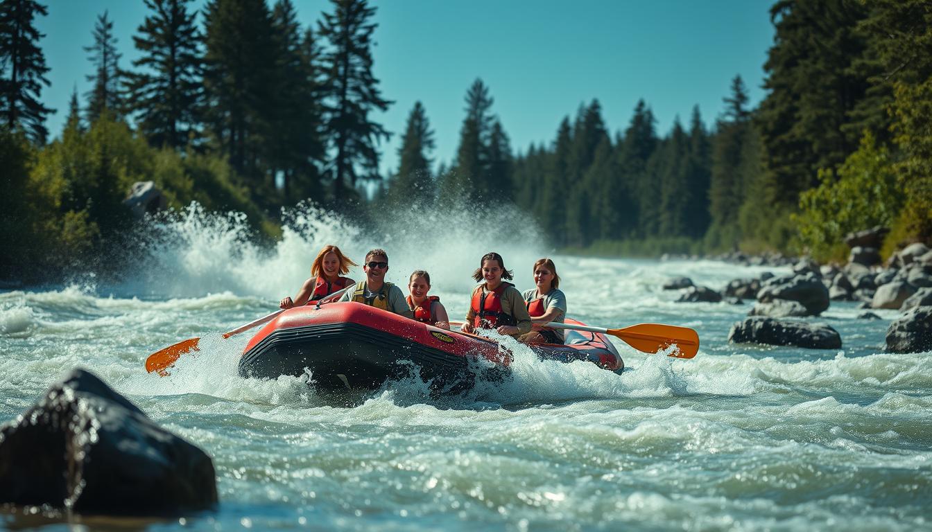 A dynamic scene of wildwater rafting in Eksele, showcasing a group of four adventurers skillfully navigating a raging river. In the foreground, the raft, filled with excited individuals in modest casual attire, splashes through whitewater rapids, droplets catching the sunlight. The middle ground features turbulent waves, with rocks and lush greenery lining the riverbanks, creating a sense of wild, untamed nature. In the background, towering pine trees and a clear blue sky set a serene contrast to the thrilling activity. The image should be shot on a Sony A7R IV with a 70mm lens, using a polarized filter to enhance colors and reduce glare. The overall mood is exhilarating and adventurous, capturing the essence of outdoor exploration in Västerbotten.