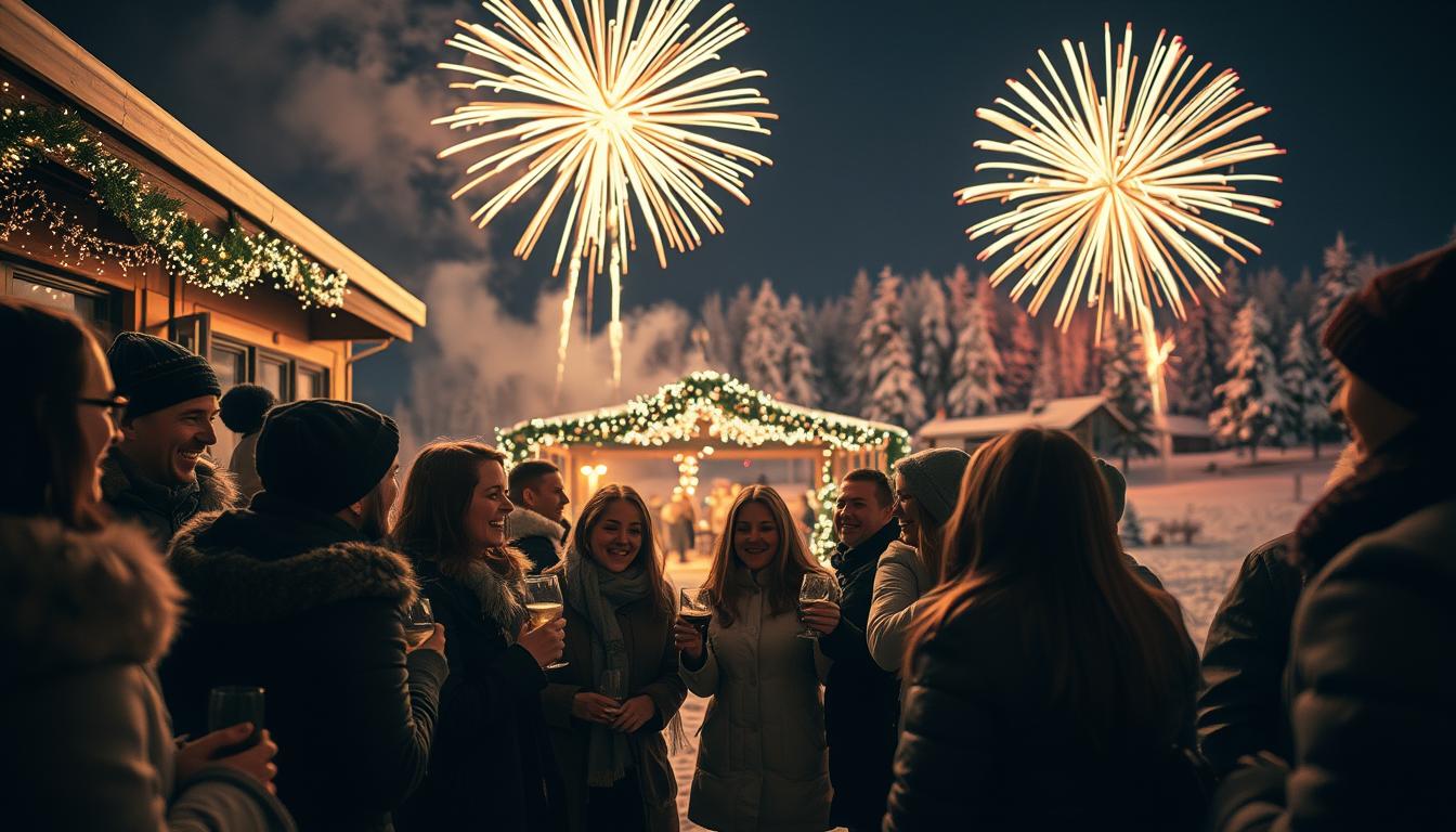 A lively New Year's Eve party in Sweden, featuring groups of people celebrating with festive attire and warm winter clothing. In the foreground, friends gather, laughing and toasting with drinks in hand, their breath visible in the cold air. In the middle, a beautifully decorated outdoor space adorned with sparkling fairy lights and traditional Swedish decorations, creating a cozy atmosphere. In the background, a stunning display of fireworks bursts in colorful patterns against a dark night sky, illuminating a snowy landscape and silhouettes of pine trees. Shot on a Sony A7R IV at 70mm, the image is clearly focused and sharply defined, enhanced by a polarized filter to enrich colors and contrast. The mood is joyful and celebratory, capturing the essence of Silvester in Sweden.