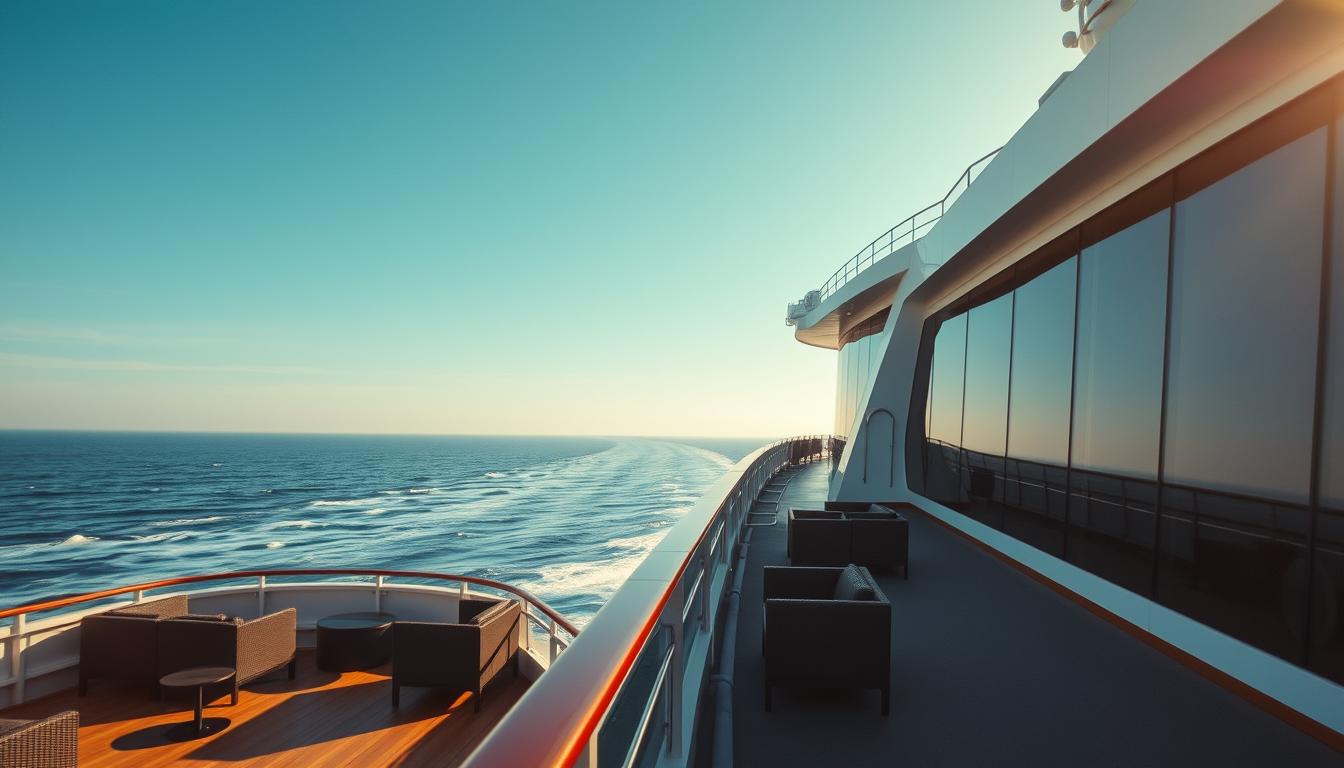 A luxurious Stena Line ferry sailing between Kiel and Göteborg, showcasing the ship’s impressive exterior design in vibrant colors. In the foreground, the ship's polished deck with comfortable seating arrangements, inviting travelers to relax. The middle ground captures the sleek hull of the ferry with large panoramic windows, reflecting the bright sunlight. The background features a serene sea with gentle waves, under a clear blue sky, enhancing a sense of tranquility. The lighting is soft and warm, simulating a sunny afternoon. Shot on a Sony A7R IV at 70mm, with a polarized filter for clear, sharply defined details, creating an inviting mood that conveys the comfort and allure of the ship and its cabins.