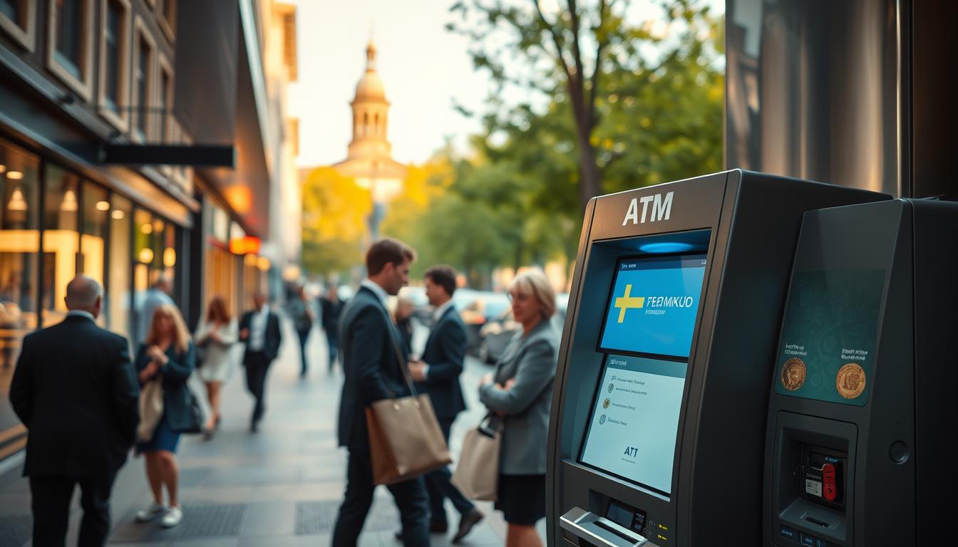 A modern ATM in Sweden, prominently positioned in the foreground, surrounded by ...