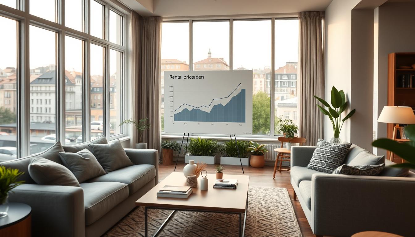 A modern Swedish apartment interior showcasing rental prices. In the foreground,...