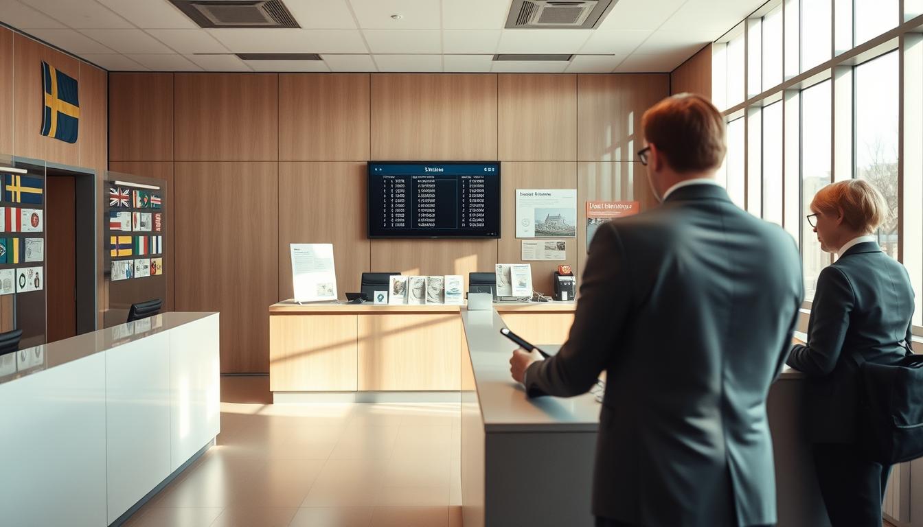 A modern currency exchange office in Sweden, showcasing a sleek and professional...